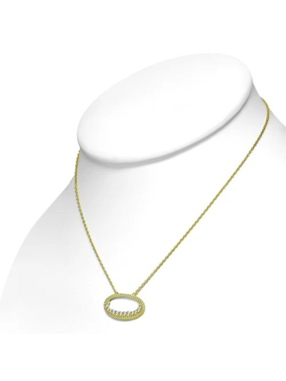 925 Sterling Silver Yellow Gold-Tone White Clear CZ Oval Pendant Necklace - Picture 2 of 4